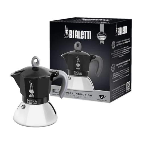 Bialetti - Cafetera Moka de Inducción, Adecuada para todo tipo de Placas, 2 Tazas de Café Espresso ( 100 Ml), Negro