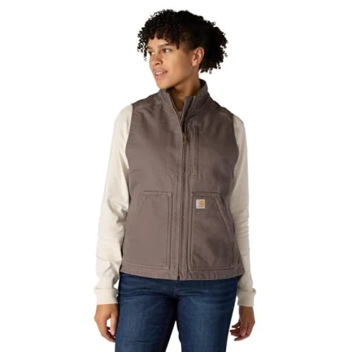 Carhartt Chaleco utilitario en lona de algodón con efecto desgastado Sherpa Lined, cuello perkins, Relaxed Fit Para Mujer, Gris topo, M