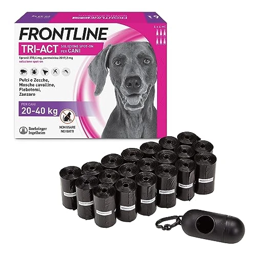 FRONTLINE | TriAct Spot On Cani | Protezione da pulci, zecche, mosche cavalline pappataci & Amazon Basics Sacchetti per bisogni dei cani, con dispenser e clip per guinzaglio,300 unità
