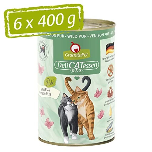 GranataPet Delicatessen Wild Pur, Comida húmeda para Gatos, pienso sin Cereales y sin azúcares, Comida para Gatos con Alto Contenido de Carne y aceites, 6 x 400 g