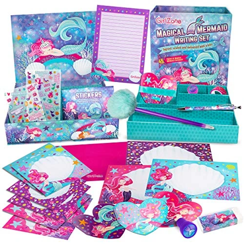 GirlZone Cadeau Fille Mermaid Stationary Set Ensemble Kit d'Écriture de Papier à Lettres de 45 Pièces avec Enveloppes, Cartes et plus Cadeaux Sirènes pour Anniversaire