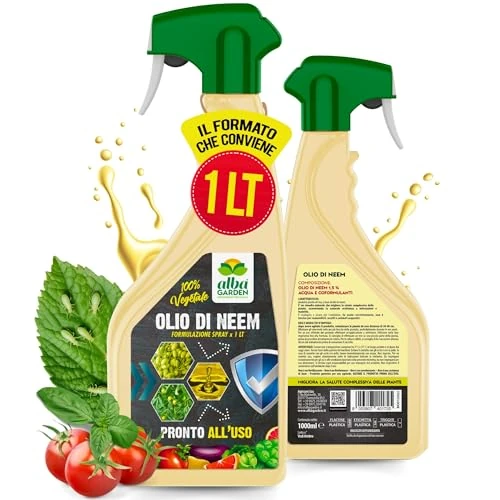 Albagarden - Olio Di Neem Per Piante - MAXI x 1 Litro - Naturale Concentrato, Contro Insetti Funghi Cocciniglia, Acari Afidi Pulci, Cimici, Pidocchi - Spray Pronto Uso