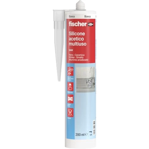 Fischer Silicone Acetico Multiuso Bianco SAM 280 ml, Sigillante Antimuffa per Vetro, Alluminio, Smalto, Ceramica, Adatto per Bagno e Cucina, 9350