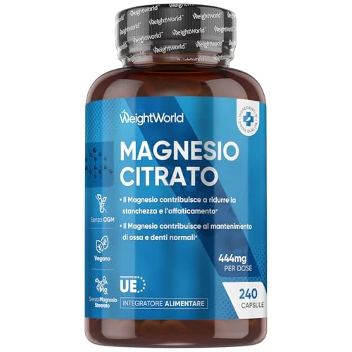 Citrato de Magnesio 240 Cápsulas Veganas - 444mg de Magnesio Puro provenientes de 1480mg del Citrato, Para 4 Meses, Contribuye a la Reducción del Cansancio y la Fatiga (EFSA), Sin Gluten ni OGM