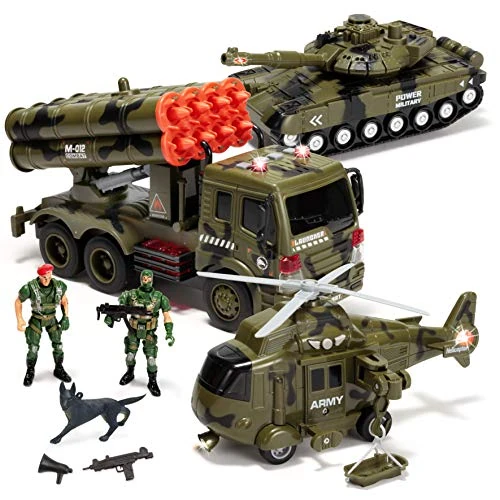 Offerta a tempo: JOYIN 3 in 1 giocattolo per veicoli militari con sirena alimentata ad attrito con action figure, incluso camion militare, elicottero e carro armato giocattolo, veicoli con sirena luminosa e sonora - 61% da 38.99 € a 15.29 €
