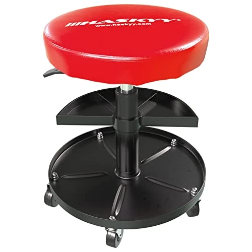 HASKYY Krzesło warsztatowe z regulacją wysokości, taboret warsztatowy, siedzisko robocze, krzesło robocze, kolor czerwony, z 5 kółkami, ok. ø 40 cm, 2 półki, 430-580 mm