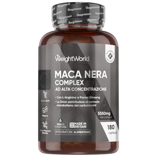 Maca Negra y Amarilla Andina Complex 5550mg de Potencia-100:1-6 Meses de Suministro, 180 Maca Cápsulas Veganas - Con Zinc, L-Arginina, Ginseng y Pimienta Negra, Sin Gluten ni Estearato de Magnesio