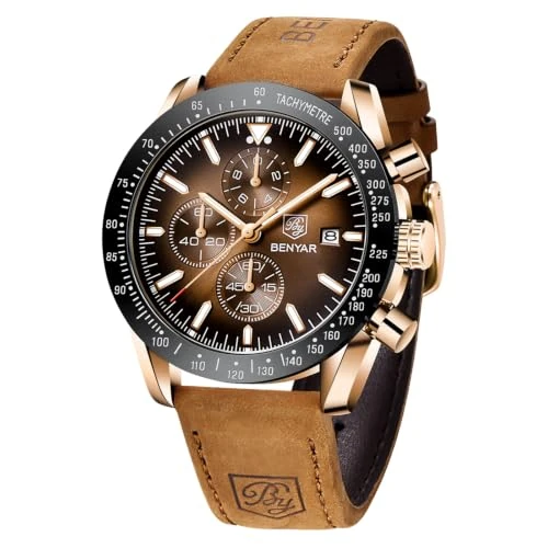 Oferta limitada: BENYAR, Relojes Hombre, Movimiento Cuarzo, Cronógrafo, Correa Piel, Diseño Deportivo Negocio Moda, 30M Impermeable, Resistente a los Arañazos, Regalos Elegantes para Hombres, Marrón Oro de 49.99 € a 49.99 € (ahorro 0.00%)