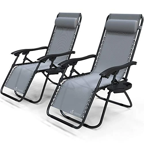 VOUNOT® Set of 2 Zero Gravity Sun Loungers, with Cup Holder and Phone Hoder, Adjustable Textoline Reclining Garden Chairs, Grey