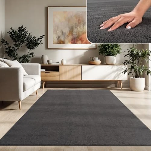 Paco Home Alfombra Moderna y Suave para Salón a Pelo Corto Lavable Fluffy Uni Efecto Piel Intemporal Elegante Antideslizante Fácil de Limpiar, tamaño:160x220 cm, Color:Antracita
