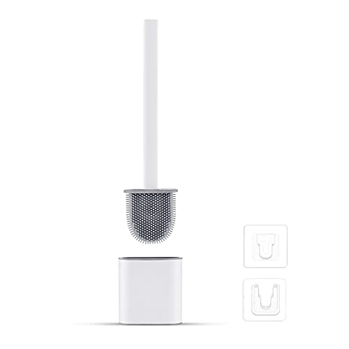 Ibergrif M34151-3 Toilet Brushes & Holders, Deep Cleaner Silicone Toilet Brush, Flat Toilet Brush with Long Handle, Quick Drying Loo Brush and Holder for Bathroom, Base Flooring Wall Mounted, White