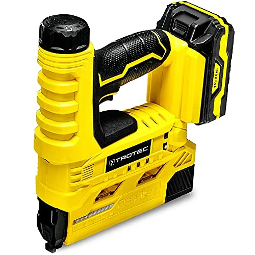 TROTEC Akku-Tacker PTNS 10-20V – 20V Lithium-Ionen, 6 Schlagstufen, 30 Schüsse/min, LED-Licht, Softgrip, Magazin 100 Klammern/50 Nägel, inkl. 500 Klammern & 500 Nägeln, Schnellladegerät, Koffer