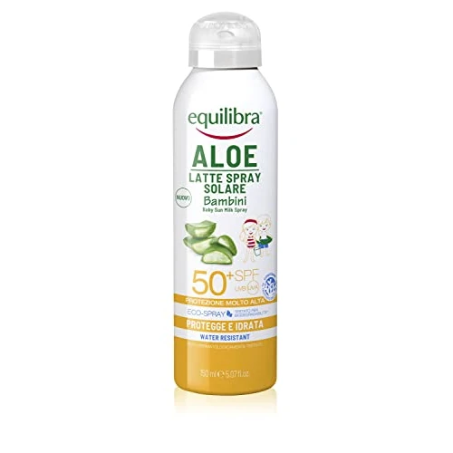 Offerta a tempo: equilibra Solari, Aloe Latte Spray Solare Bambini Spf 50+, Latte Solare per Bambini con Aloe Vera, Olio di Cocco e Argan, Vitamina E, Protegge da Scottature e Eritemi Solari, Water Resistant, 150 ml - 26% da 18.90 € a 13.98 €