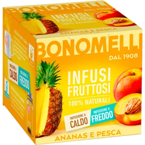 Bonomelli Infusi Fruttosi, Ananas e Pesca, Confezione da 12 Filtri, Gusto Dolce e Vellutato, Infusione a Caldo e a Freddo, Ingredienti 100% Naturali (24g)