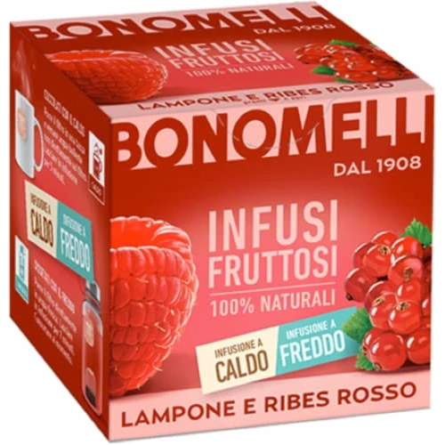 Bonomelli - Infusi Fruttosi, Lampone e Ribes Rosso, Confezione da 12 filtri, Gusto Rinfrescante e Lievemente Acidulo, Infusione a Caldo e a Freddo, Ingredienti 100% Naturali (24g)
