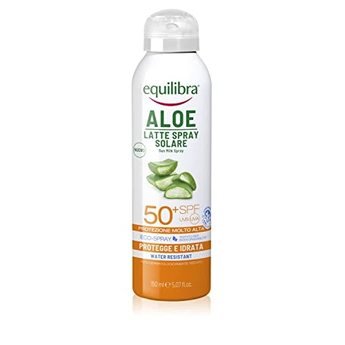 Offerta a tempo: equilibra Solari, Aloe Latte Spray Solare Spf 50+, Latte Solare, con Aloe Vera, Olio di Cocco, di Argan e Vitamina E, Per Pelli Delicate, Protegge da Eritemi e Photoaging, Water Resistant, 150 ml - 37% da 18.90 € a 11.99 €