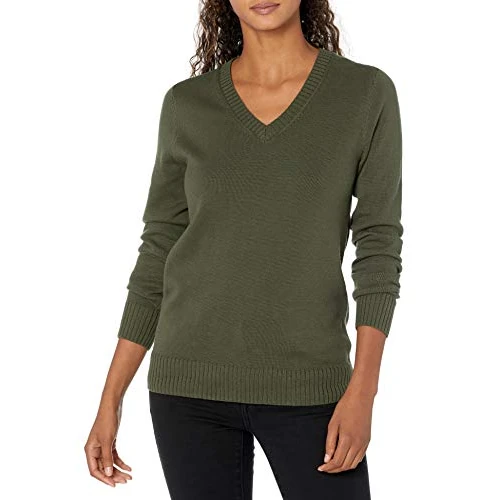 Offerta a tempo: Amazon Essentials Maglione da Donna 100% Cotone a Maniche Lunghe con Scollo a V, Verde Oliva, L - 22% da 23.80 € a 18.60 €