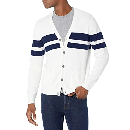 Amazon Essentials Cardigan da Uomo in Cotone, a Righe Bianche Blu Navy, Taglia XS