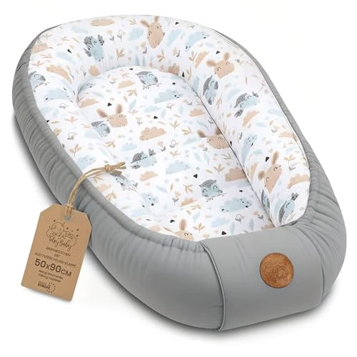 Réducteur de Lit Bébé 90x50cm en Coton, Cocon polyvalent pour Nid d'Ange Couffin et Naissance pratique et léger idéal pour le transport parfait pour filles et garçons Hiboux Gris Clair