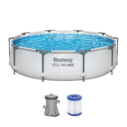 Bestway - Steel Pro MAX, piscina fuori terra, rotonda, set con pompa filtrante, diametro 305 x 76 cm, colore grigio chiaro