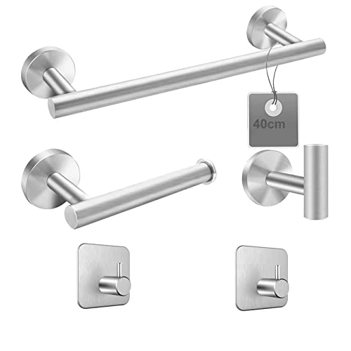 Offerta a tempo: EXLECO Portasciugamani da Bagno 5 pezzi, Inox Porta Asciugamani parete in Acciaio Rotondo 41 cm Portasciugamani + Porta Carta Igienica + Gancio per Asciugamani, per Bagno e WC + 2 Ganci - 0.00% da 25.99 € a 25.99 €