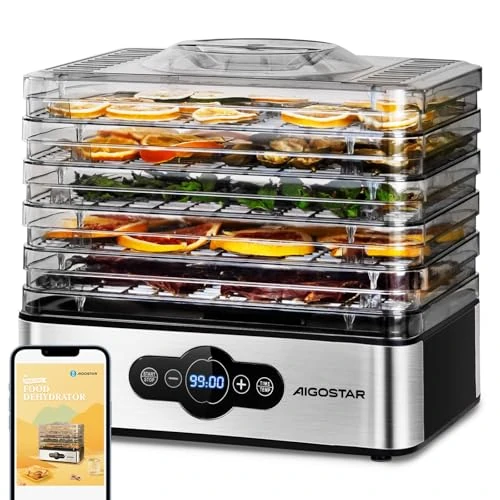 Aigostar 5 Tier Food Dehydrator, 240W Food Dryer Machine with 99 H-Timer, 35-70℃ Temperature Adjustable and LED Display for Drying Fruit, Meat, Vegetable, Jerky and Pet Treat, BPA Free - Crispy 12YXA