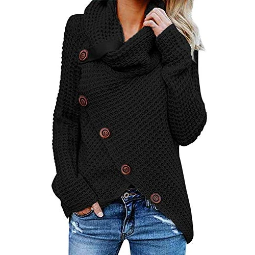 Offerta a tempo: Tuopuda Maglione Donna Felpa Ragazza Asimmetrica Sweatshirt Collo Alto Pullover Elegante Casual Tops Maniche Lunghe Maglione Autunnale Invernale Primavera con Bottoni Natale, Nero, S - 32% da 34.99 € a 23.66 €