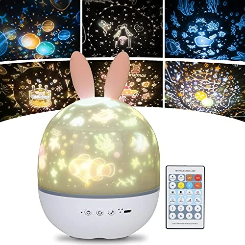 Offerta a tempo: URAQT Luci Notte per Bambini, 360°Rotazione Musicale Luce Notturna Bambini Proiettore, 6 Colori+Telecomando+Timer, USB Ricaricabile Proiettore Stelle Soffitto, Regalo di Compleanno Regalo di Natale - 33% da 26.99 € a 18.18 €