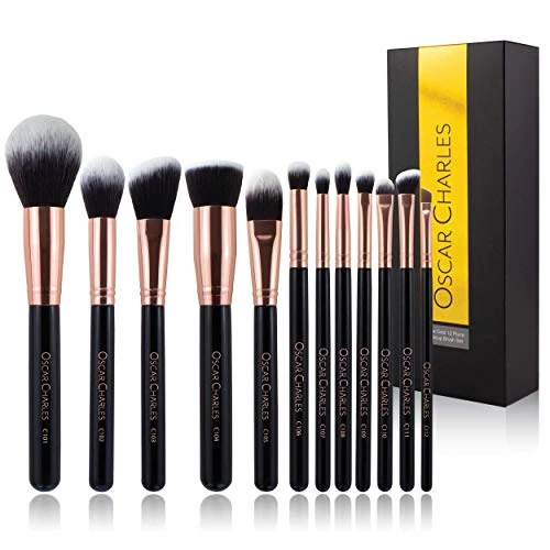 Juego de brochas de maquillaje Oscar Charles, juego de brochas de maquillaje profesional de 12 piezas, juego de seis brochas de maquillaje para rostro y seis brochas de maquillaje para ojos[Oro rosa]