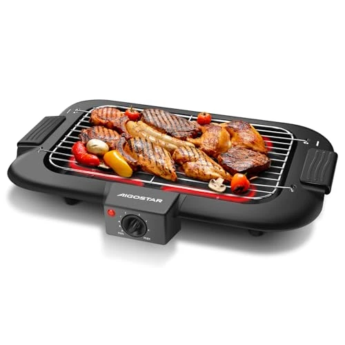 Aigostar Rookvrije tafelbarbecue, elektrische barbecue, 2000 watt, grilloppervlak met anti-aanbaklaag, 36 x 21 cm, afneembare vetopvangbak, thermostaat, zwart