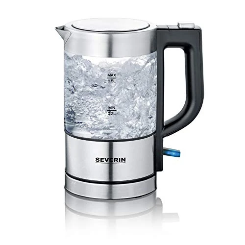 SEVERIN Glass Kettle 0.5L, 1100W, BPA Free, Removable Anti-Limescale Filter, One-Hand Open, 360° Base, WK 3472, Stainless Steel/Black.