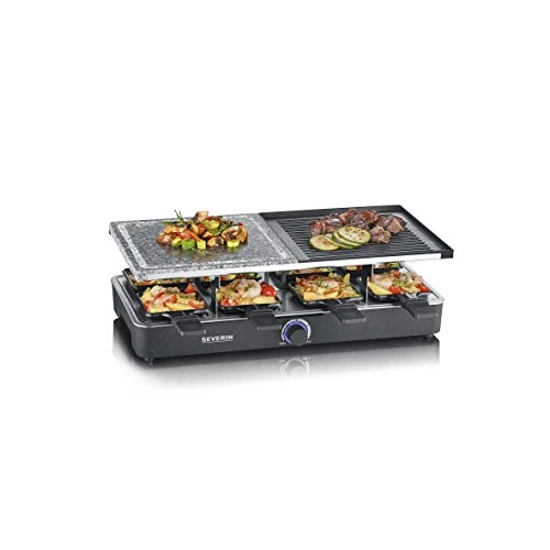 SEVERIN raclette grill met natuurlijke grillsteen en grillplaat, raclette met grillplaat met antiaanbaklaag met 8 pannetjes, tafelgrill voor 8 personen, max. 1300 W, zwart, RG 2371