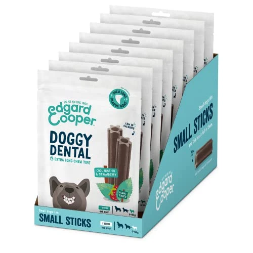 Offerta a tempo: Edgard & Cooper Snack per Cane Stick Dentali Naturale 8x7 (confezione da 8) Bastoncini da Masticare, igiene dentale, tempo di masticazione lungo, alito fresco (Menta e Fragola, Piccolo) - 20% da 37.87 € a 30.32 €