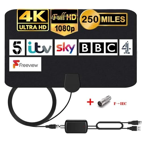 MILIWAN Antenna TV Interna con Amplificatore Segnale HDTV per DTT DVB-T/DVB-T 2 con Cavo di 4,4m, Antenna Finestre per Ricezione TV Digitale HD/VHF/UHF/FM (Aggiornata)