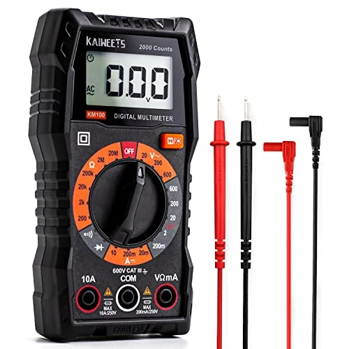 Zeitlich begrenztes Angebot: KAIWEETS Digital Multimeter KM100, Spannungsmesser für AC/DC Spannung, DC Strom, Durchgang, Widerstand, Diode (mit Messleitungen) Schwarz von 16.47 € auf 14.99 € (8.99% Rabatt)