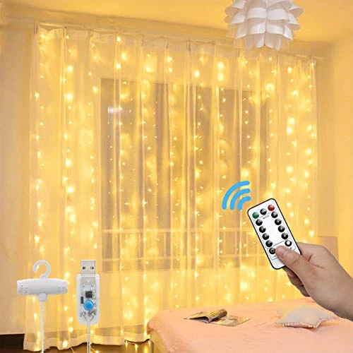 LED Lichterketten Lichtervorhang - 3M x 3M 300 LEDs USB Vorhanglichter 8 Modi mit Ferngesteuertem Timer, für Innen Deko Party Weihnacht Schlafzimmer (Warmweiß)
