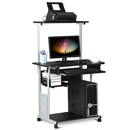 Yaheetech Office Computer Desk Computer Table with Printer Wheels Space-Saving Table with Sliding Keyboard Shelves Black 80 x 50 x 132 cm