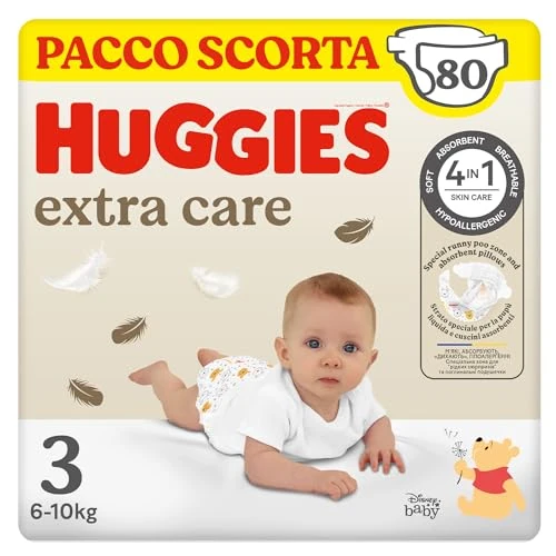 Huggies Extra Care Nappies, Size 3 (6-10kg), Pack of 80 Nappies (40x2)