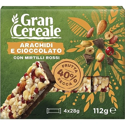 Gran Cereale, Snack Barrette con Frutta Secca con Arachidi, Cioccolato Fondente, e Mirtilli Rossi, 4 Barrette, 112 g