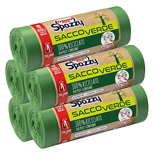 Offerta a tempo: Domopak Spazzy Sacchi Nettezza Saccoverde Avvolgi e Chiudi 100 percento Riciclato da Post-Consumo - Condominiale 110 Lt - Verde - 5 Confezioni Da 10 Pezzi, 10 Unità (Confezione da 5) - 0.00% da 21.65 € a 21.65 €