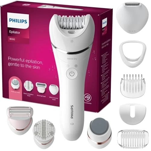 Offerta a tempo: Philips Epilator Series 8000, epilatore Wet & Dry cordless per gambe e corpo con 9 accessori, rasoio, rifinitore, lima per pedicure ed esfoliante corpo, modello BRE740/10 - 34% da 118.99 € a 78.26 €