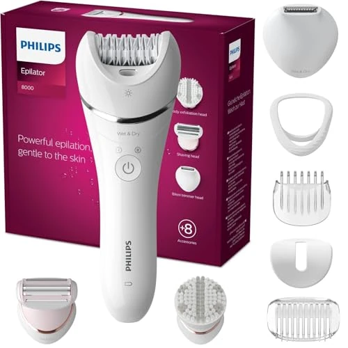 Philips Epilator Series 8000, dispositivo di epilazione Wet & Dry cordless per gambe e corpo con 8 accessori, rasoio, rifinitore ed esfoliante corpo, modello BRE735/00