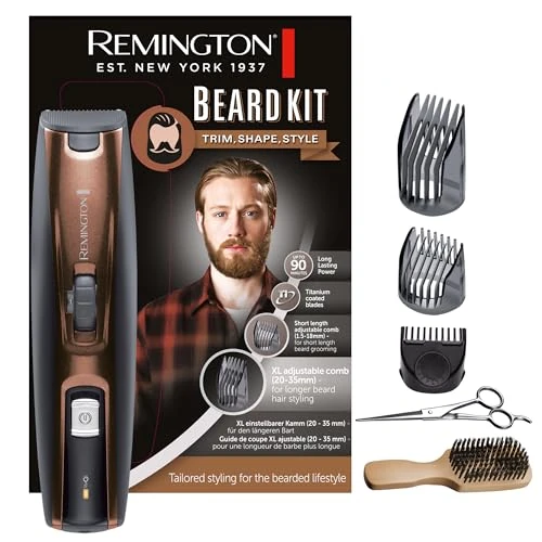 Remington Beard Kit Beard Trimmer, Corded and Cordless Barber, Titanium Blades, 3 Adjustable Combs, Beard Brush and Scissors, 90 min Autonomy, Lithium Battery, MB4046