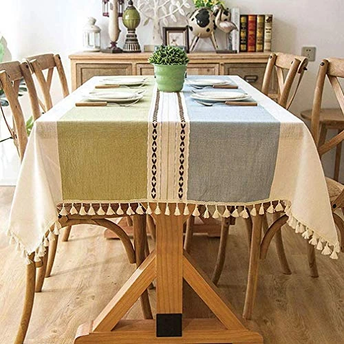 Lifetooler Tablecloths Rectangular Cotton Linen Tablecloth Washable Tassel Tablecloth Wrinkle Free Dust-Proof for Kitchen Dinning Party Tabletop Decoration (Blue-green,55 x 118 inch)