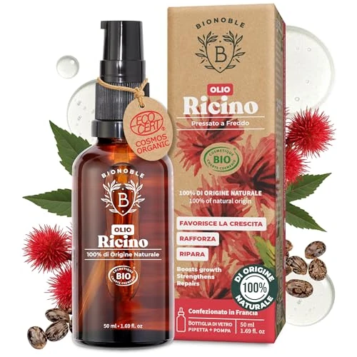 BIONOBLE Organiczny Olej Rycynowy 100% Czysty - Tłoczony na Zimno, Bez Heksanu - Pobudza Wzrost - Olej Rycynowy do Włosów, Rzęs i Brwi - Castor Oil - Szklana Butelka z Pipetą i Pompką - 50ml