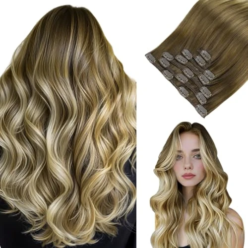 Offerta a tempo: HOTBANANA Extension Capelli Veri Clip, Da Castano Nocciola a Castano Cenere e Biondo Candeggina Extension Clip Capelli Veri 40cm 7pcs Remy Umani Naturali Capelli Extensions 120g - 40% da 90.29 € a 53.78 €