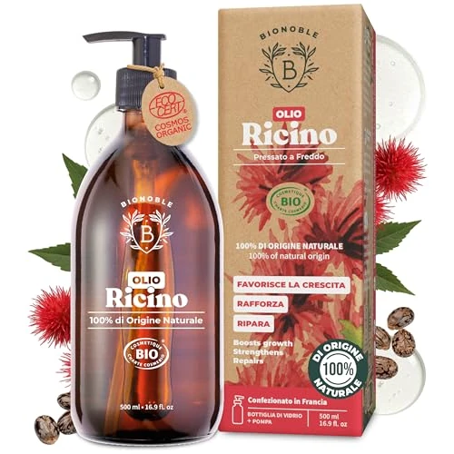 BIONOBLE Organic Castor Oil Cold Pressed - Hexane Free, 100% Natural - Pure Castor Oil Organic for Eyelashes, Hair Growth, Eyebrows, Skin, Face - Glass Bottle and Pump - 500ml