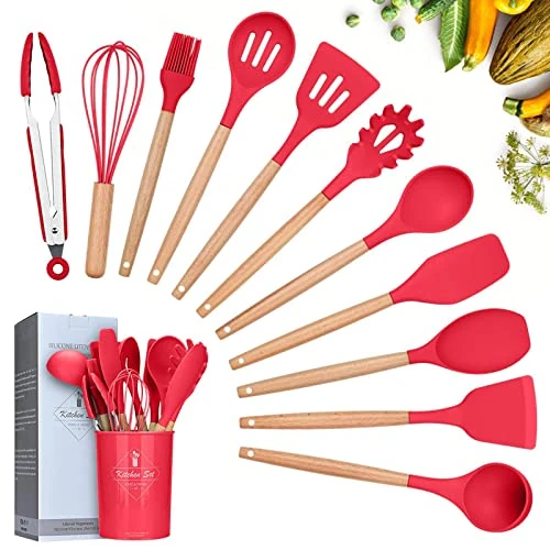 Ustensiles de Cuisine,Lychee 12PCS Kit d'Ustensiles de Cuisine en Silicone et Bois, Ustensiles Cuisine Antiadhésive Set avec Pot de Rangement,Silicone de qualité Alimentaire (Rouge)