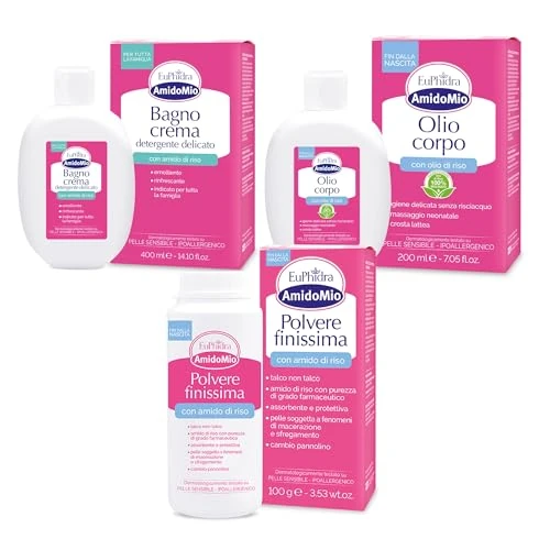 Euphidra – Wellness- und Feuchtigkeitsset für Neugeborene mit feinstem Puder, Badecreme und Körperöl auf Basis von Reisstärke, beruhigend und schützend, für empfindliche Haut