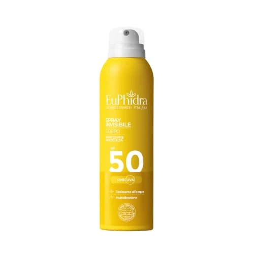 Offerta a tempo: EUPHIDRA, Spray Solare Invisibile SPF 50 Protezione Alta Corpo, Texture Idratante No Effetto Bianco, Con Vitamina E e Ginkgo Biloba, Antiossidante per Pelli Normali o Secche, Assorbimento Rapido - 35% da 18.82 € a 12.26 €